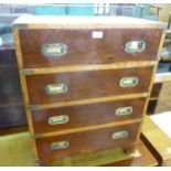 YEW WOOD SMALL MILITARY CHEST, OF FOUR WITH LONG DRAWERS WITH INSET BRASS DROP HANDLES, TEN BRASS