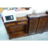 AN INLAID MAHOGANY TWO-TIER OPEN BOOKCASE WITH TWO DRAWERS ABOVE AND TWO SIMILAR STYLE STORAGE