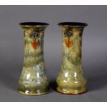 PAIR OF EARLY TWENTIETH CENTURY ROYAL DOULTON (LAMBETH) STONEWARE VASES, the mottled olive green