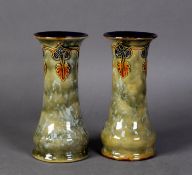 PAIR OF EARLY TWENTIETH CENTURY ROYAL DOULTON (LAMBETH) STONEWARE VASES, the mottled olive green