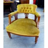 LATE VICTORIAN MAHOGANY DRAWING ROOM EACH ARMCHAIR, TUB SHAPED, THE BUTTON UPHOLSTERED, SCROLLED,
