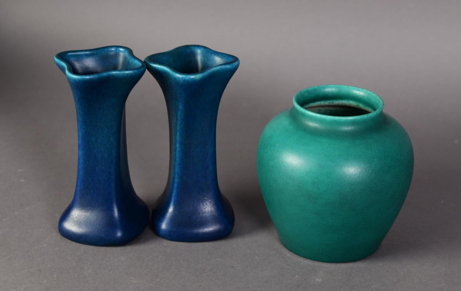 PILKIGTONS ROYAL LANCASTRIAN POTTERY SMALL PAIR OF MONOCHROME BLUE GLAZED VASES, impressed marks,