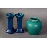 PILKIGTONS ROYAL LANCASTRIAN POTTERY SMALL PAIR OF MONOCHROME BLUE GLAZED VASES, impressed marks,