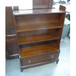 MAHOGANY FOUR TIER OPEN BOOKCASE, WITH TWO ADJUSTABLE SHELVES, ADVANCED DRAWER IN THE BASE WITH