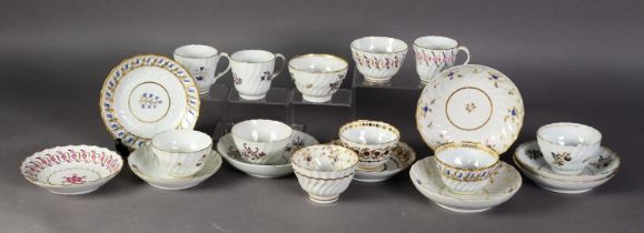 PAIR OF LATE EIGHTEENTH CENTURY WORCESTER FLUTED CHINA TEA BOWLS AND SAUCERS, gilt floral