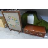 A LEATHER SUITCASE AND AN OAK FLORAL TAPESTRY FIRE- SCREEN (2)