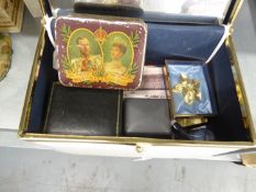 A LADY'S WHITE PLASTIC CLAD VANITY CASE WITH INTERIOR MIRROR; LADY'S POCKET CIGARETTE CASE WITH