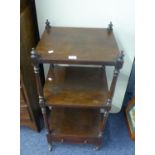 EARLY NINETEENTH CENTURY ROSEWOOD THREE TIER SQUARE WHAT-NOT, with drawer to the base, turned