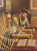 HOR (TWENTIETH CENTURY) OIL ON BOARD Hebrew Figures reading Torah Scrolls Signed 15 ½” x 11 ½” (39.