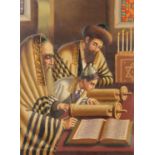 HOR (TWENTIETH CENTURY) OIL ON BOARD Hebrew Figures reading Torah Scrolls Signed 15 ½” x 11 ½” (39.