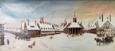 LESLIE SHAW (TWENTIETH CENTURY) OIL ON CANVAS Bygone winter village scene with horse drawn coaches