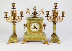 CIRCA 1900 FRENCH GREEN ONYX AND GILT METAL MOUNTED CLOCK GARNITURE, THE JAPY FRERES BELL STRIKING