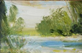 KENNETH LAWSON (1920 - 2008) OIL ON BOARD ‘Riverbank, Sudbury, Suffolk’, 1990 Signed, tilted and