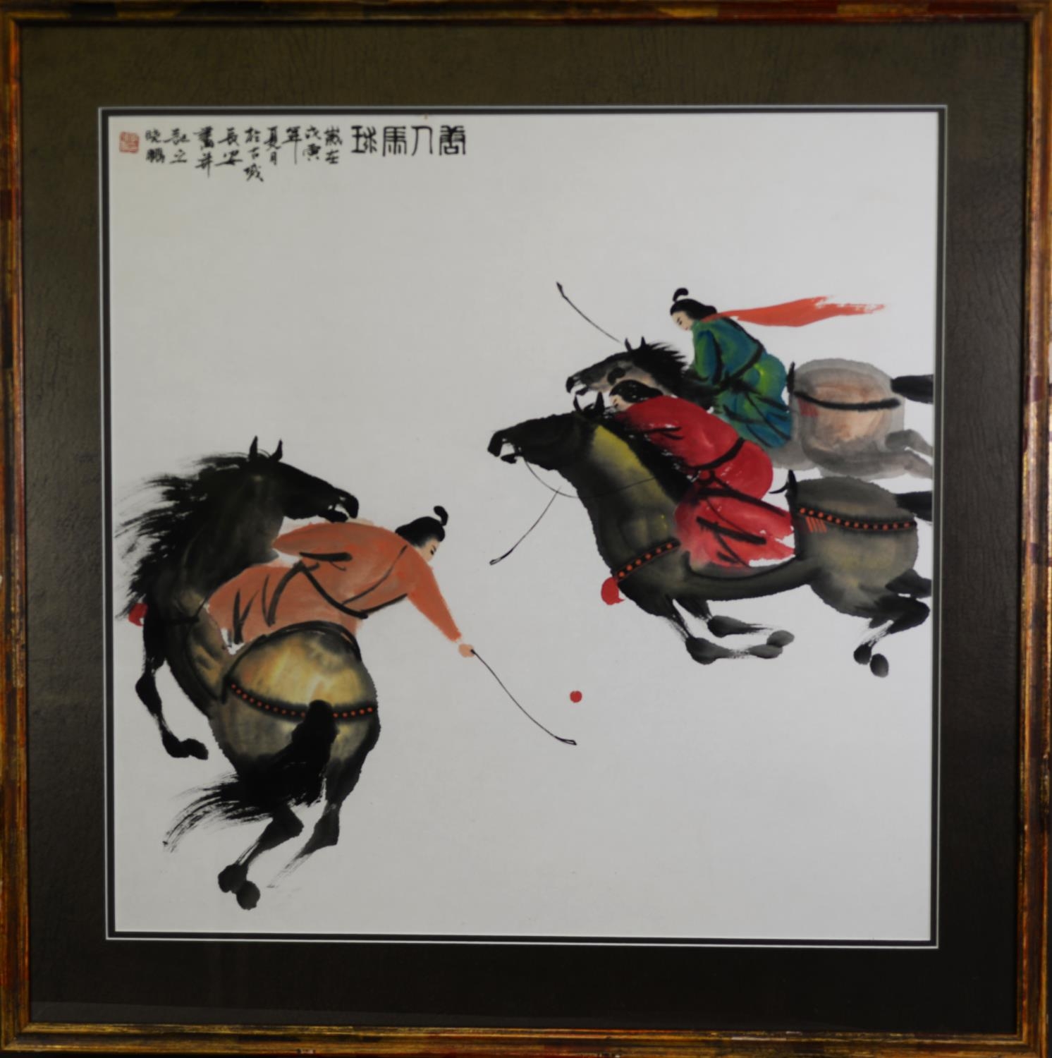 20TH CENTURY CHINESE BLACK INK AND COLOUR WASH DRAWING OF THREE FIGURES ON HORSEBACK PLAYING POLO, - Image 5 of 6