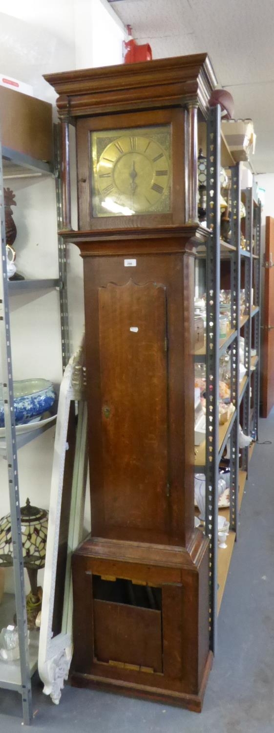 JOHN STOKES, 18TH CENTURY, OAK LONGCASE CLOCK WITH 11” SQUARE BRASS DIAL, THE HOOD WITH MOULDED