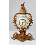 LATE 19TH CENTURY ITALIAN GILT BRASS AND CERAMIC MANTLE CLOCK, the Roman numeral dial marked '