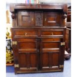 EIGHTEENTH CENTURY OAK COURT CUPBOARD OR DIDARN, the canopy top with a pair of panelled cupboard