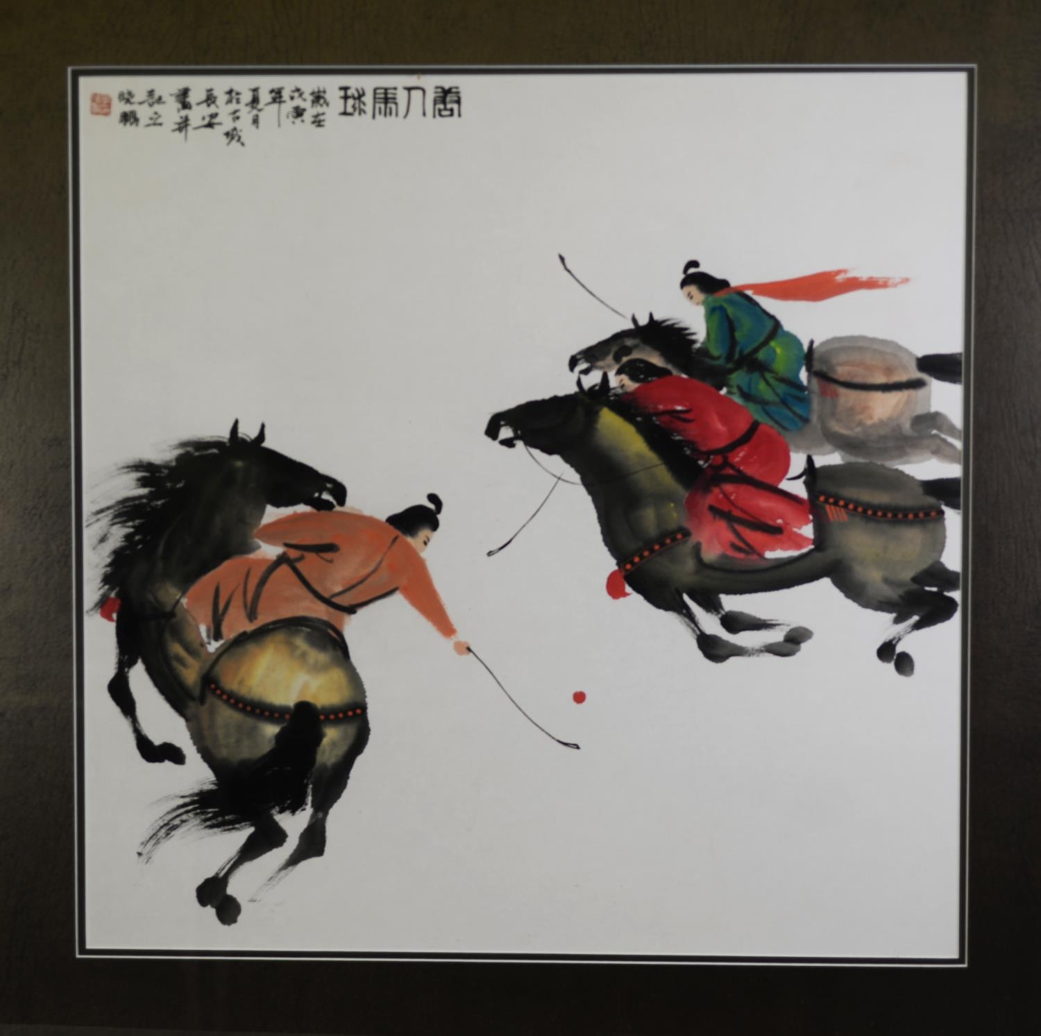 20TH CENTURY CHINESE BLACK INK AND COLOUR WASH DRAWING OF THREE FIGURES ON HORSEBACK PLAYING POLO, - Image 2 of 6