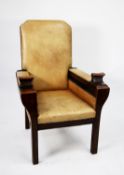 FOXHEART REGISTERED NO:778788 INTERESTING MAHOGANY EASY ARMCHAIR WITH HINGED ARM PADS, covered in