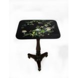 VICTORIAN WALNUT AND BLACK LACQUERED OCCASIONAL TABLE, the rounded oblong top painted in colours