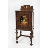 EARLY TWENTIETH CENTURY OAK AND CHINOISERIE LACQUERED BEDSIDE CABINET, the moulded oblong top with