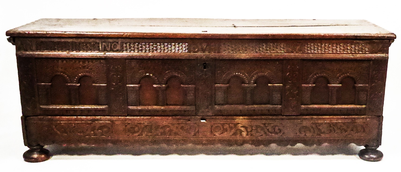 PROBABLY GERMAN, SUBSTANTIAL EARLY EIGHTEENTH CENTURY CARVED OAK COFFER CARVED WITH THE INITIALS DVH