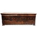 PROBABLY GERMAN, SUBSTANTIAL EARLY EIGHTEENTH CENTURY CARVED OAK COFFER CARVED WITH THE INITIALS DVH