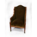 EDWARDIAN LINE INLAID MAHOGANY SEMI WINGED EAST ARMCHAIR, with shaped top rail, downswept arms and