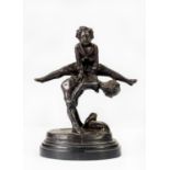 AFTER BARIE, EARLY 20th CENTURY BRONZE GROUP, BOYS PLAYING LEAPFROG, satchels and caps beneath them,