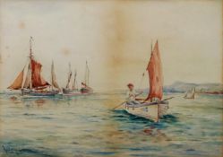 W. BARKER (EARLY TWENTIETH CENTURY) PAIR OF WATERCOLOUR DRAWINGS Coastal scene, unloading the