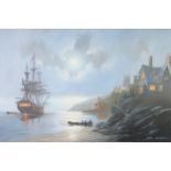 DONALD MACLEOD (B.1956) OIL PAINTING Cornish coastal nocturne with tall ship 20" x 30" (50.5 cm x 76