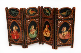 PRE-WAR INDIAN PIERCED AND PAINTED DOUBLE-SIDED WOOD FOUR FOLD LOW SCREEN OR TABLE SCREEN, each side
