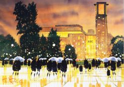 PETER J RODGERS (MODERN) WATERCOLOUR ‘Dusk Performance, Stratford’ Signed, titled to gallery label