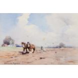 ROBERT RUSSELL McNEE (1880 - 1952) WATERCOLOUR DRAWING 'Ploughing', man ploughing with two horses