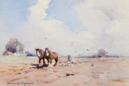 ROBERT RUSSELL McNEE (1880 - 1952) WATERCOLOUR DRAWING 'Ploughing', man ploughing with two horses