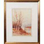 H. SCOTT DAVIES (TWENTIETH CENTURY) WATERCOLOUR DRAWING Riverscape with stone bridge in the distance