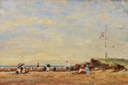 JOHN HAMMOND HARWOOD (1904-1980) OIL PAINTING ON CANVAS Beach scene with figures, probably on the