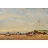 JOHN HAMMOND HARWOOD (1904-1980) OIL PAINTING ON CANVAS Beach scene with figures, probably on the