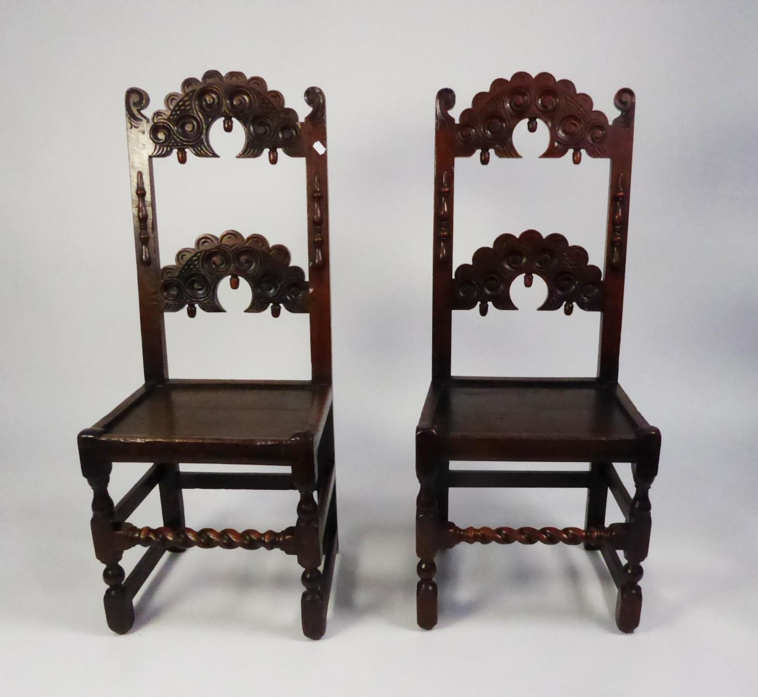 GOOD QUALITY SET OF SIX CHARLES II STYLE DERBYSHIRE CARVED OAK SINGLE DINING CHAIRS, each with whorl