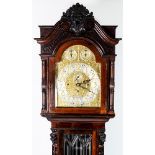 EARLY TWENTIETH CENTURY MAHOGANY STAINED FRUITWOOD CASED MUSICAL LONGCASE CLOCK SIGNED ELKINGTON,