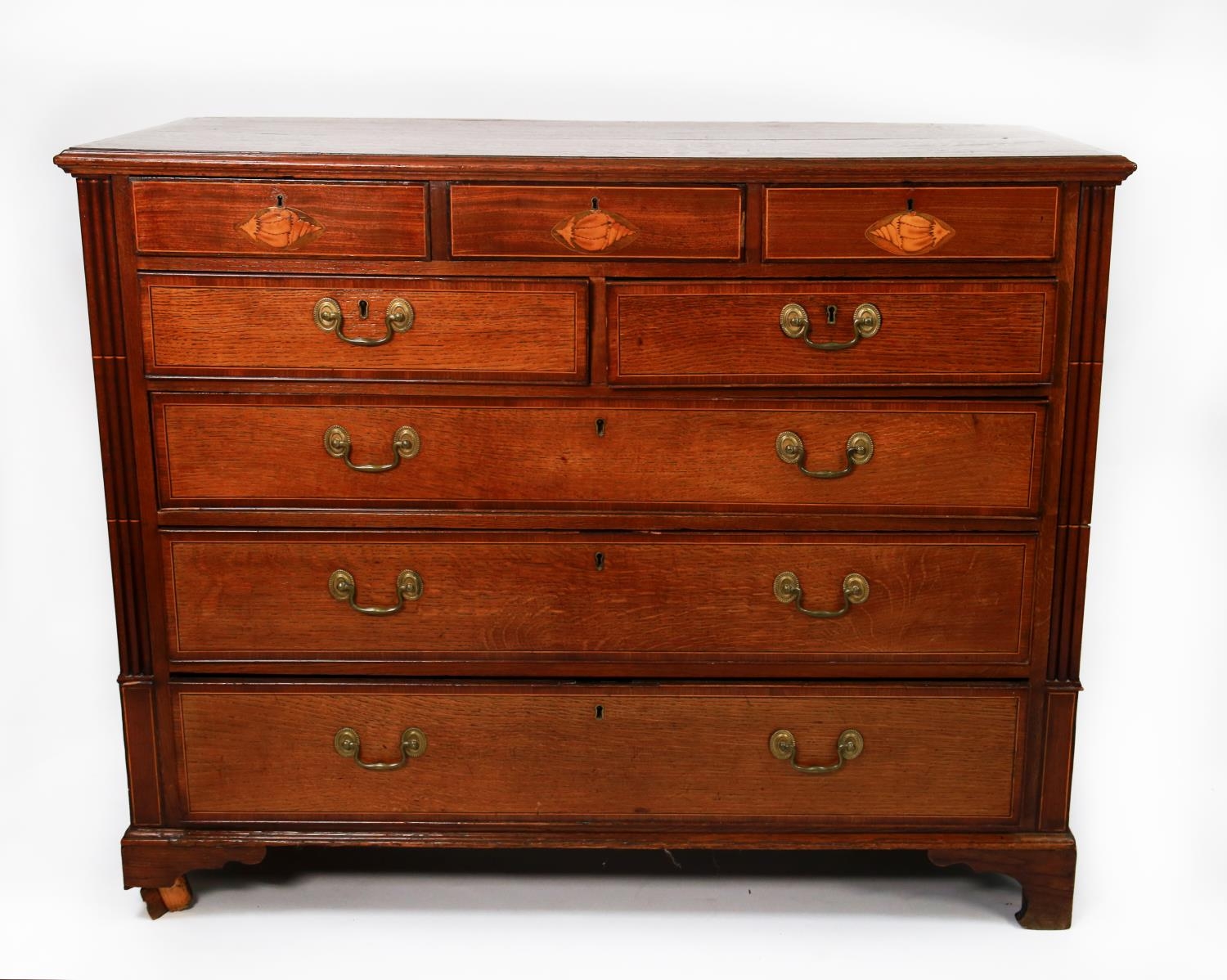 EIGHTEENTH CENTURY LINE INLAID OAK AND MAHOGANY CROSSBANDED CHEST OF DRAWERS, the moulded oblong top