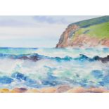 JANE GLUE WATERCOLOUR DRAWING Waves of Rackwick, Hoy Signed and titled and labelled verso 8 3/4in