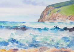 JANE GLUE WATERCOLOUR DRAWING Waves of Rackwick, Hoy Signed and titled and labelled verso 8 3/4in