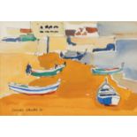 SINCLAIRE GAULDIE CBE (1918 - 1996) PEN AND WATERCOLOUR DRAWING Beached Boats, Cascais Signed