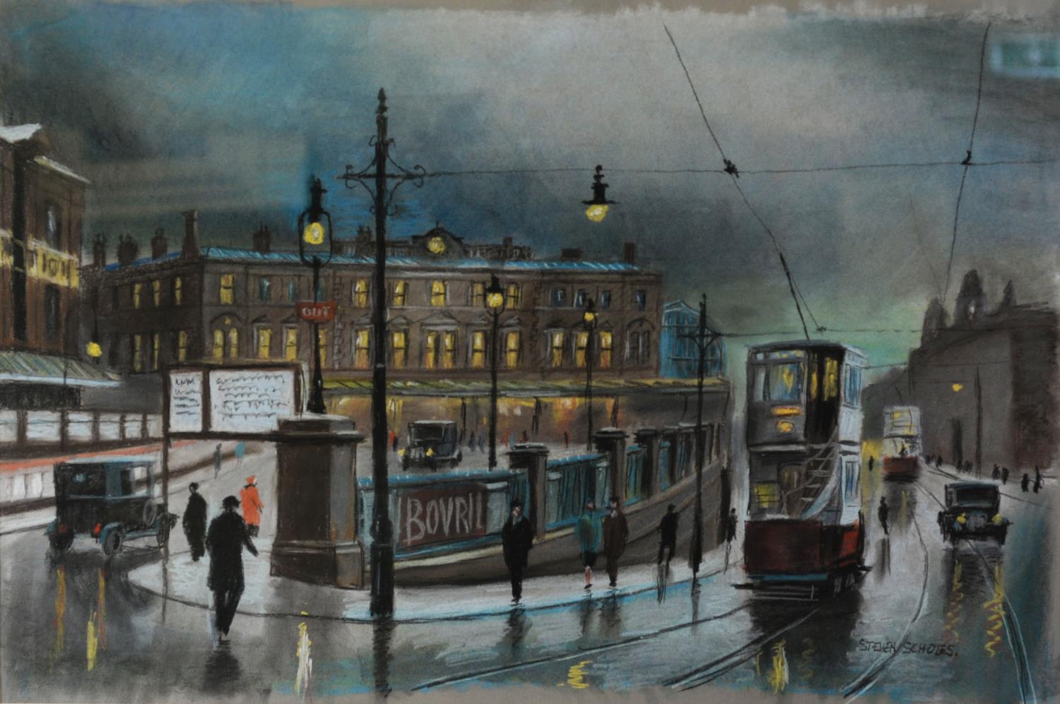 STEVEN SCHOLES (b.1952) PASTEL London Road, Manchester Signed, titled to label verso 19” x 28 ¾” (