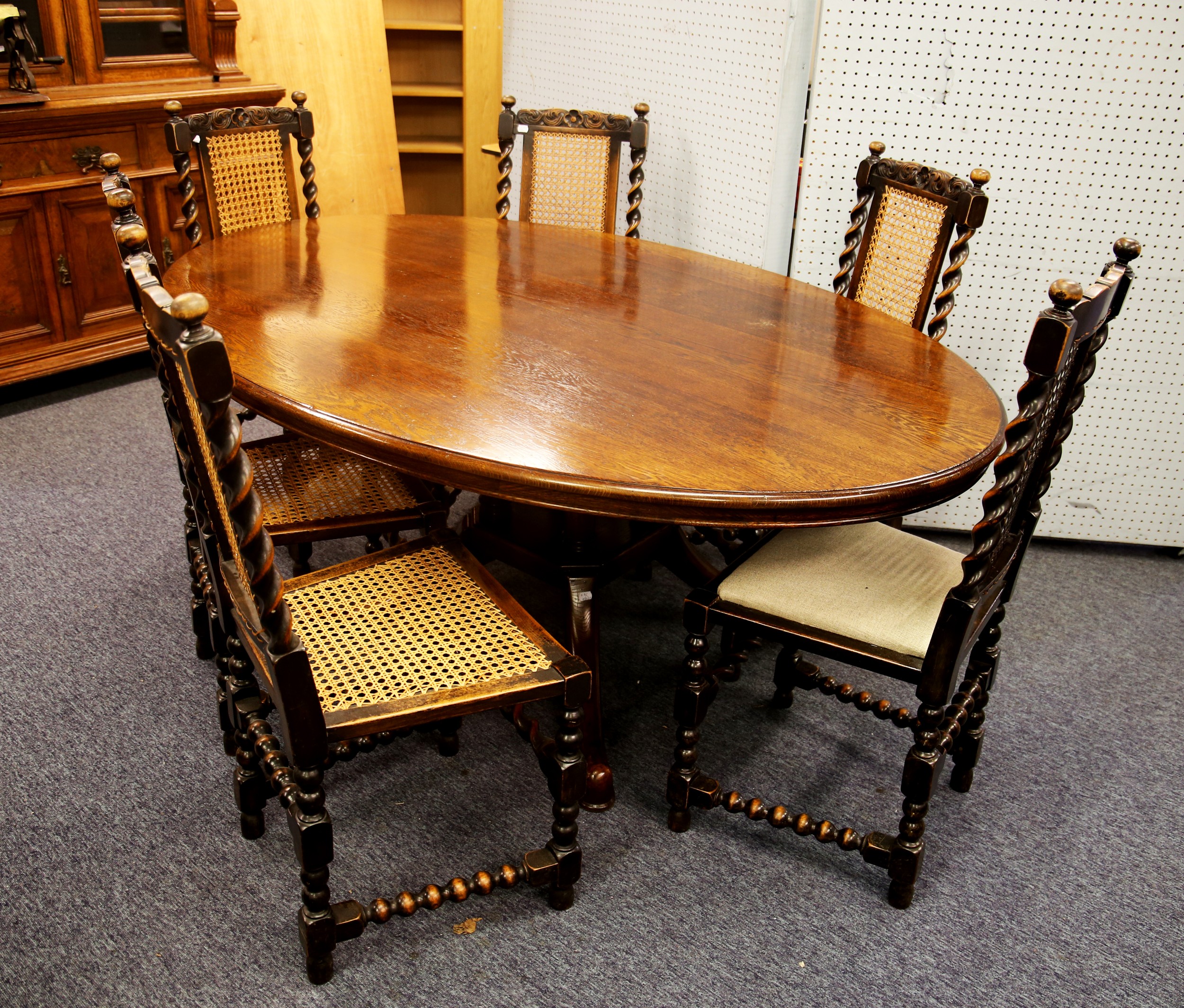 SET OF SIX CAROLEAN STYLE CARVED DARK OAK STAINED FRUITWOOD SINGLE DINING CHAIRS WITH CANED SEATS - Image 2 of 2