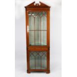 EDWARDIAN INLAID AND PEN WORK DECORATED SATINWOOD FLOOR STANDING TWO PART CORNER CUPBOARD, the