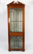 EDWARDIAN INLAID AND PEN WORK DECORATED SATINWOOD FLOOR STANDING TWO PART CORNER CUPBOARD, the
