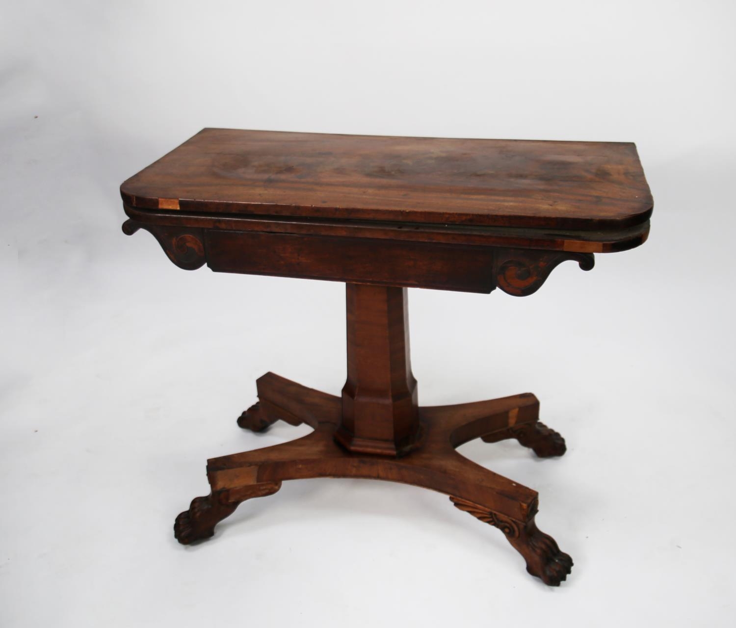 LATE VICTORIAN FIGURED MAHOGANY PEDESTAL CARD TABLE, the flame cut swivel top enclosing a green - Image 2 of 2