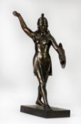 LARGE ART DECO STYLE METALLIC BRONZE FIGURE OF A SEMI-DRAPED CLASSICAL FEMALE WARRIOR, wearing a